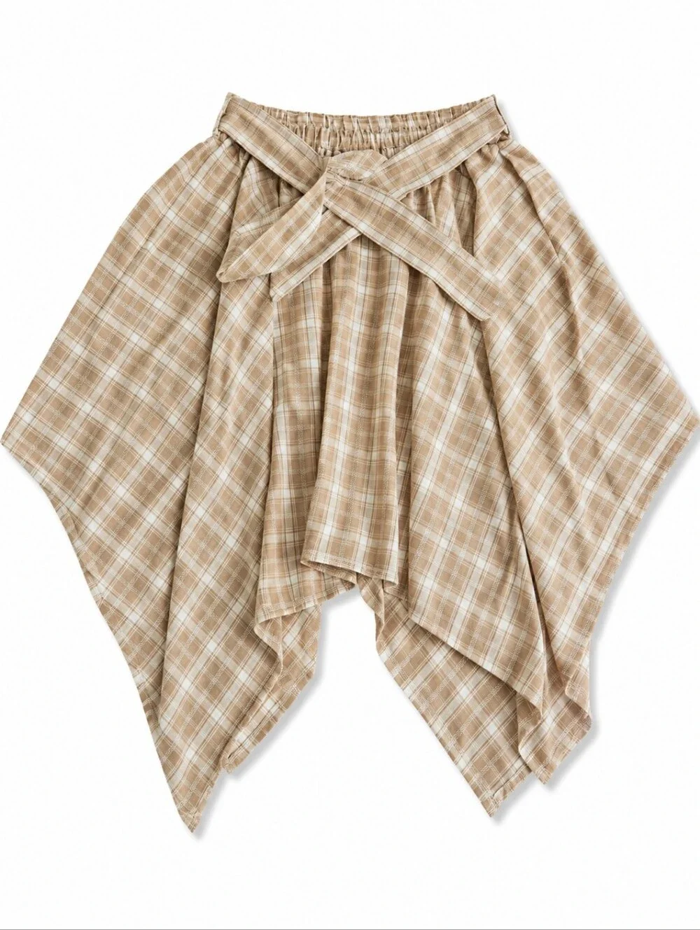 Pat PatGirls Beige Plaid Handkerchief Hem Skirt with Tie Waist And Classic Tan T
